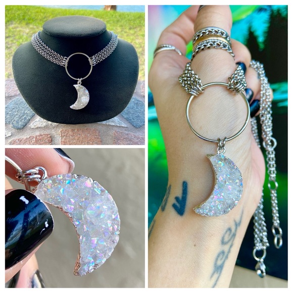 Moon crystal necklace . Stainless steel chains druzy aura quartz moon charm boho - Picture 2 of 15